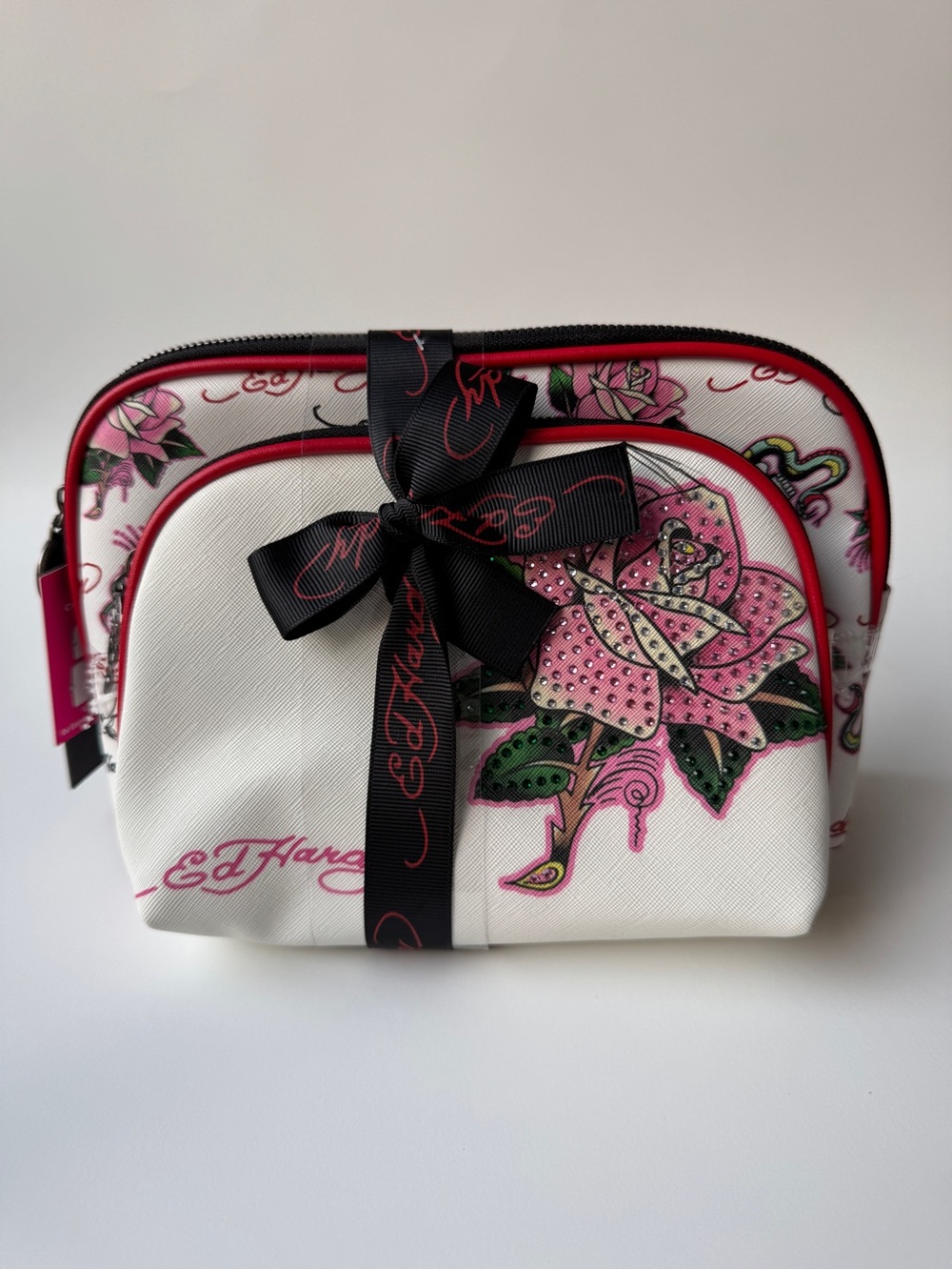Ed Hardy 2-Pc Cosmetics Set Make Up Bag, Tattoo Print, Flower Design. NWT